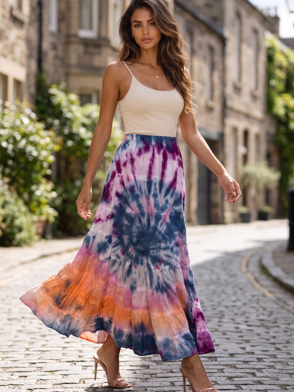 She's Cool Tie-Dye Tiered Maxi Skirt in Blue, Pink, Purple & Orange